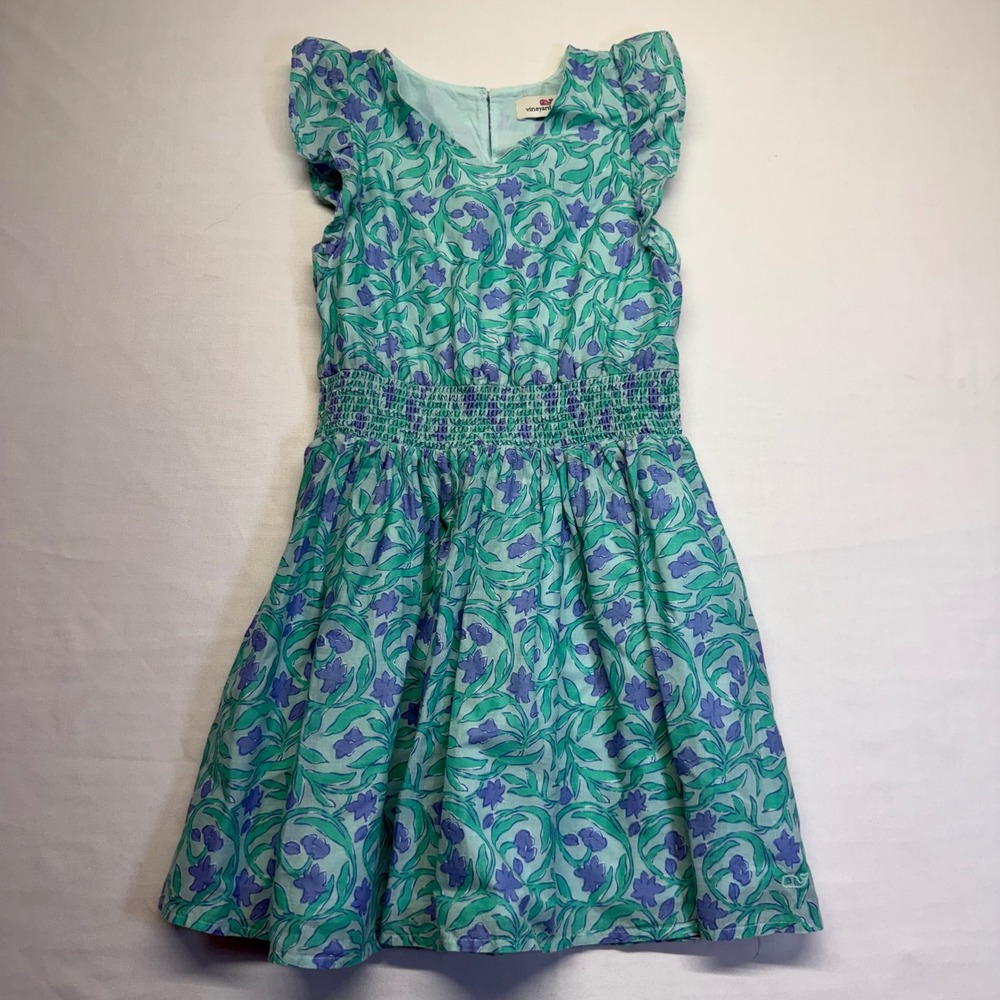 Vineyard Vines‎ Girls XS Floral Smocked Dress Blue Green Cotton Flutter Sleeve